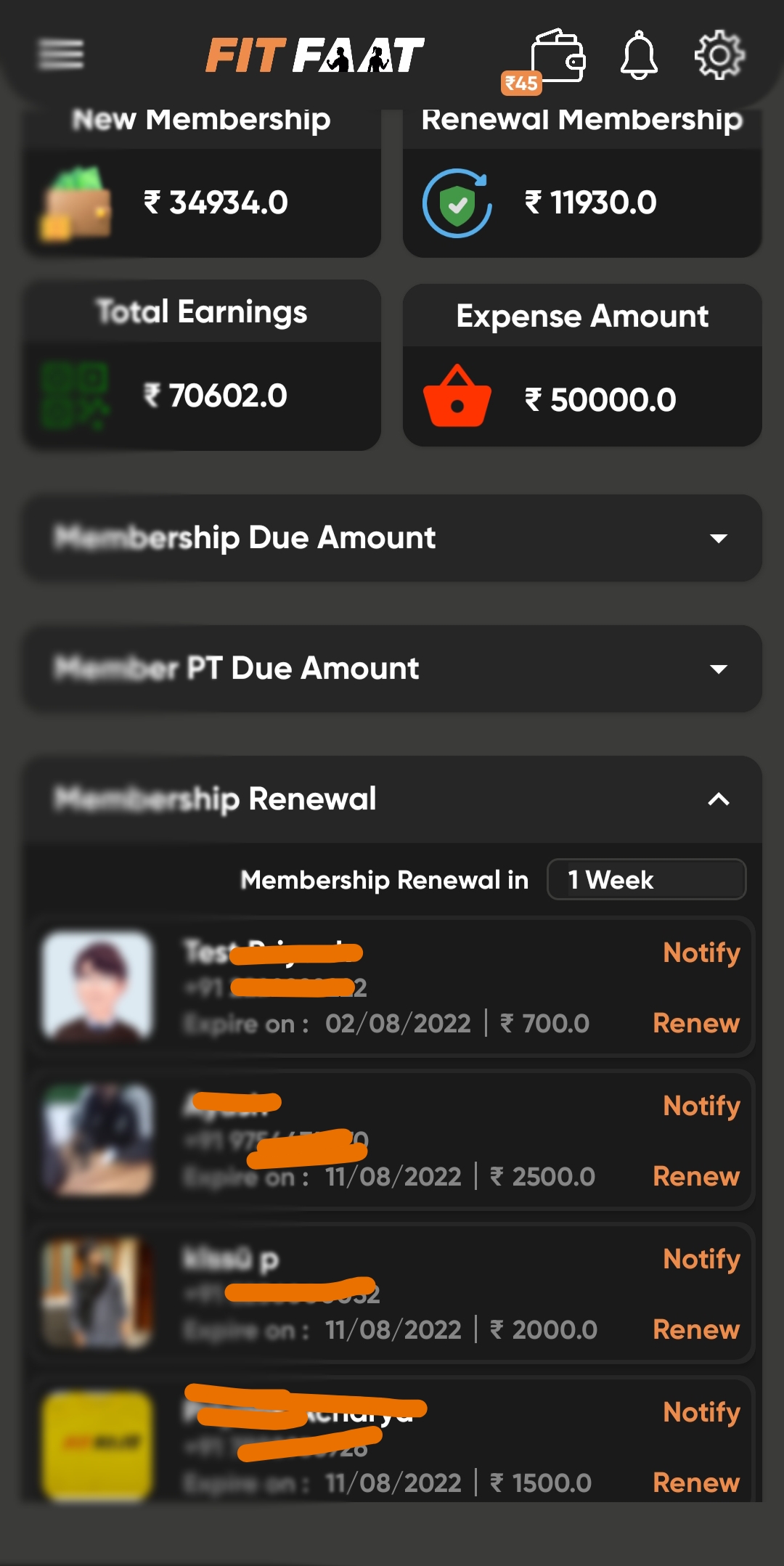 FitFaat Partner App Dashboard Member Renewal